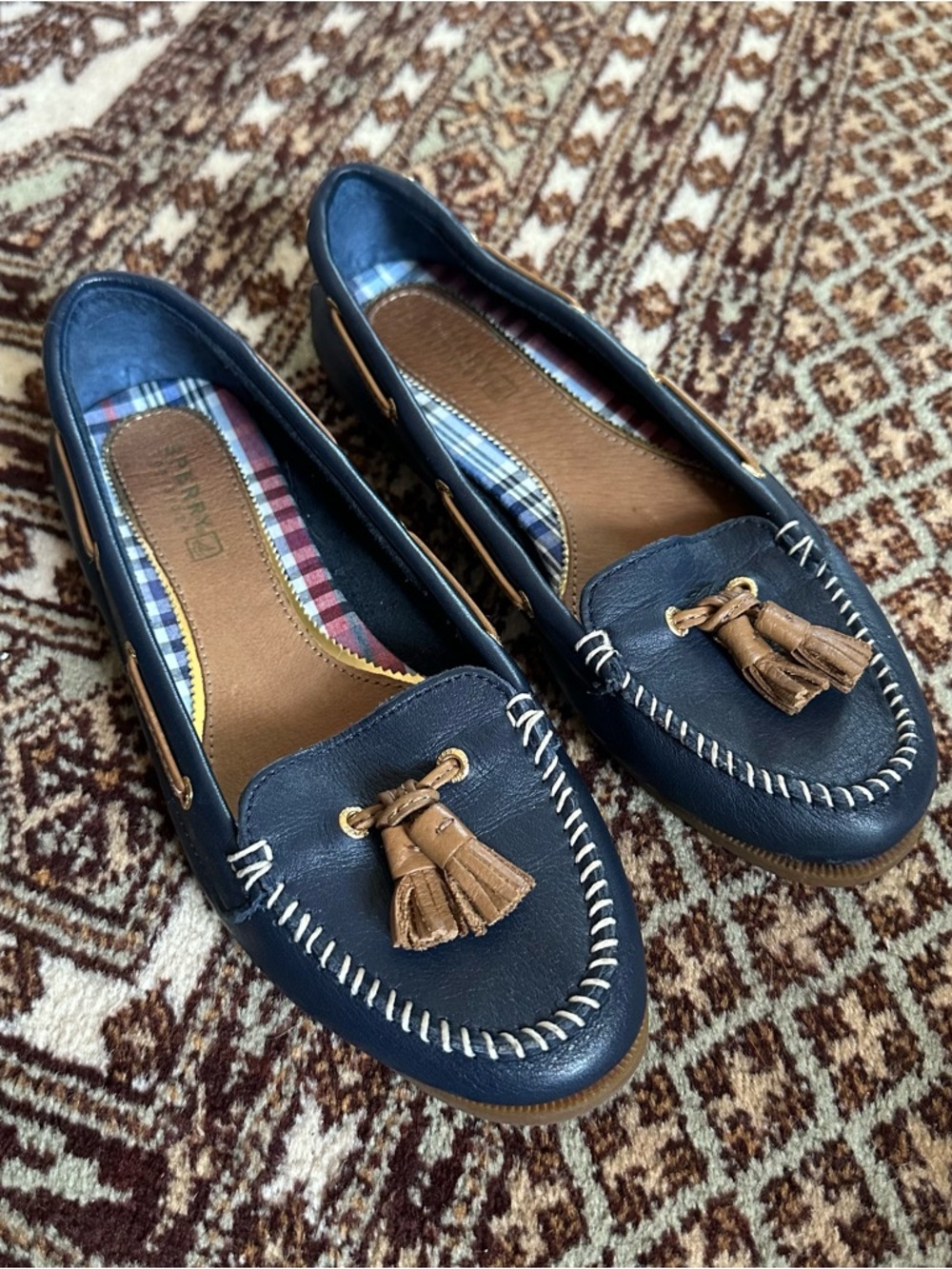 Sperry Navy Leather Tassel Moccasins with Tan Accents